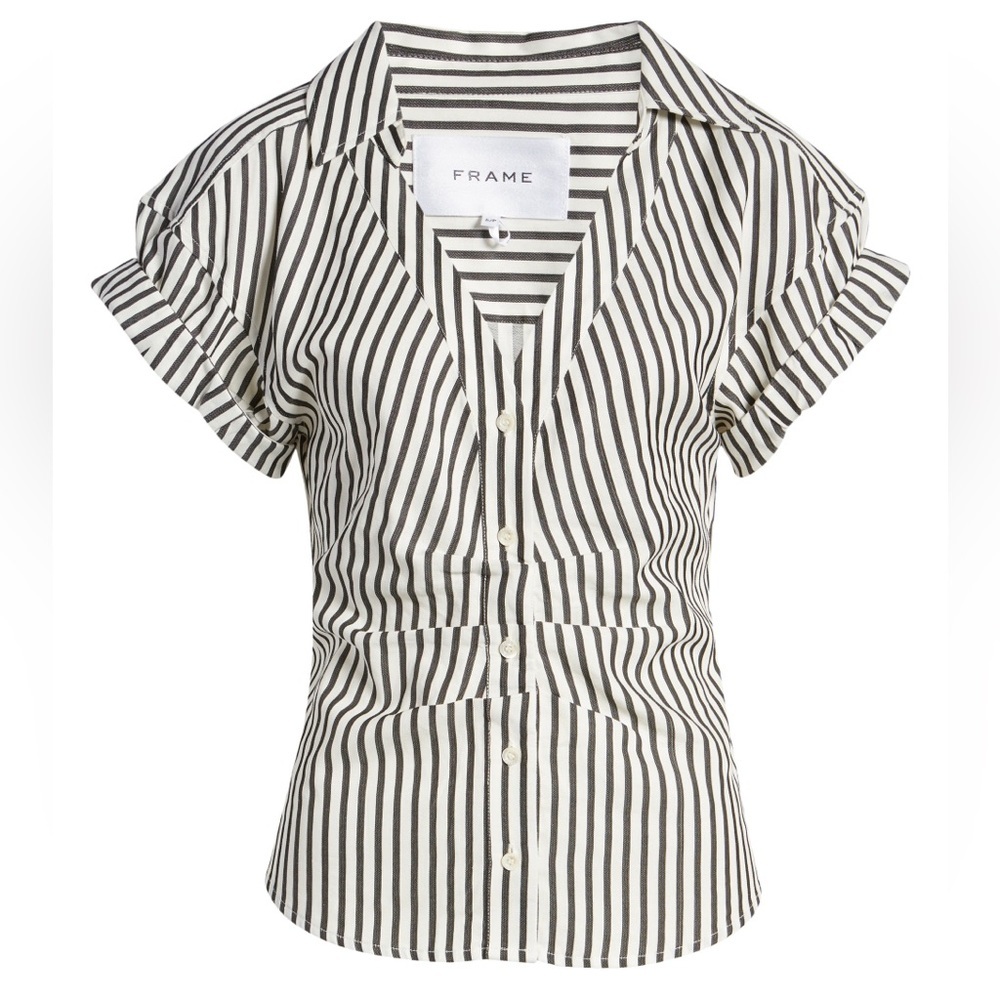 NWOT - Frame Stripe Roll Sleeve Shirt in Noir Multi - Size S - Picture 4 of 6